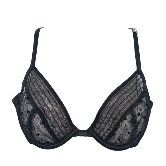 NWOT Victorias Secret Black Lace Low Cut Demi Bra 34B Mesh Underwire - Picture 1 of 10
